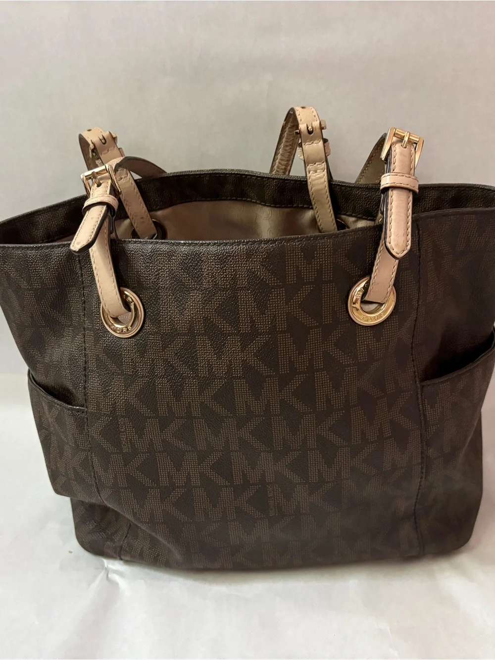 Michael Kors Brown MK Logo Tote with Cream Leather Straps